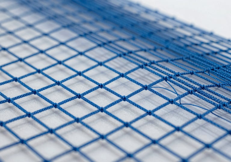 Macro shot of high-quality, weather-resistant safety netting material showing the strength of the weave. Clean, technical, and professional photography with #79A78B accents.