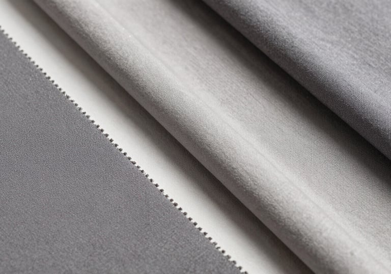 Flat lay photography of high-quality textile samples in neutral shades of #4A5568 and #CBD5E0. Clean, professional studio lighting with sharp textures.