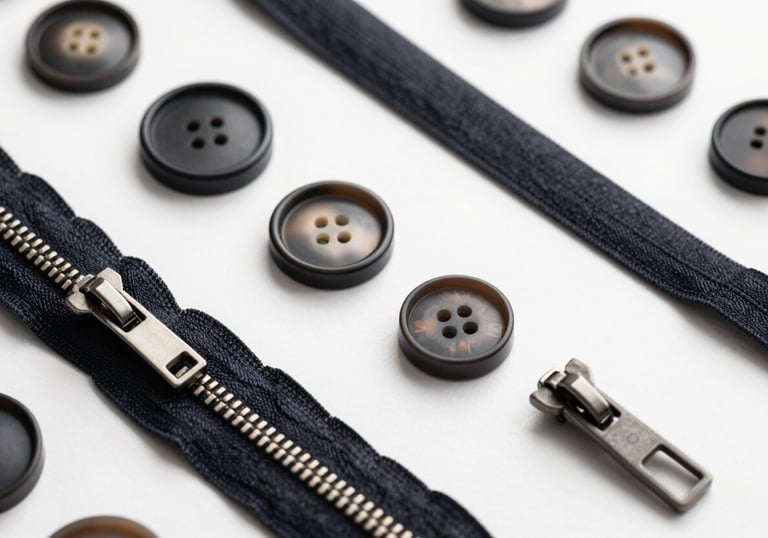A collection of premium garment accessories including buttons and zippers arranged on a #F7FAFC surface. Modern, sleek, and high-precision aesthetic.