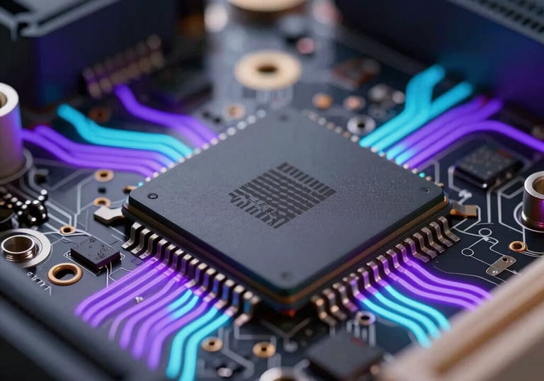 Close-up of a high-tech computer chip on a motherboard with glowing neon purple and cyan traces, professional tech photography.