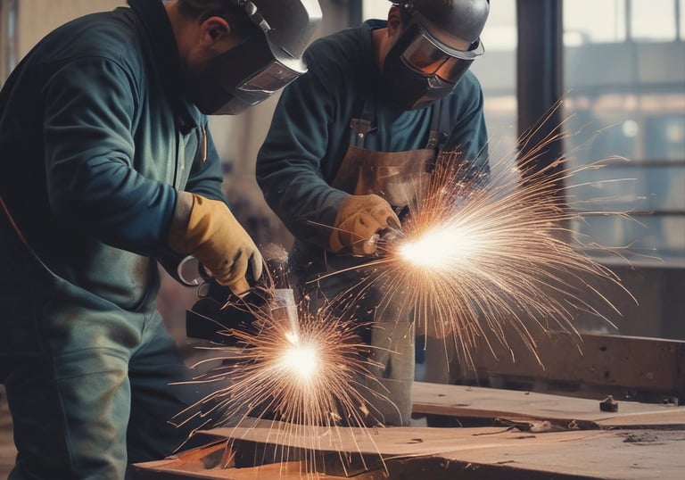A group of technical workers in safety gear coordinating on a construction site.