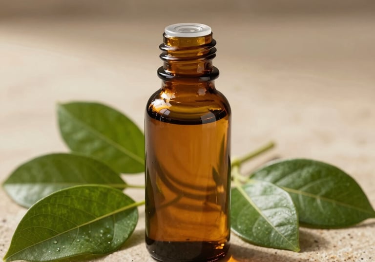 An amber glass bottle of Ayurvedic oil sitting on a textured stone surface surrounded by fresh green leaves, warm morning light, earthy taupe and deep green colors.