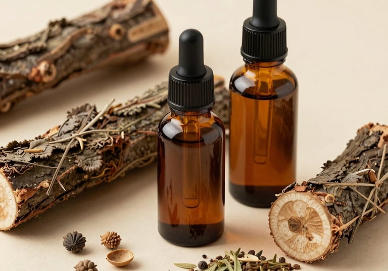 Modern dropper bottles containing herbal extracts, arranged alongside raw medicinal barks and seeds on a cream surface, representing the blend of tradition and science.