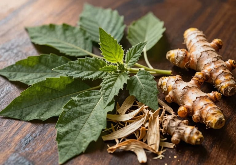 A close-up photograph of a variety of traditional Ayurvedic herbs and medicinal plants, such as fresh neem leaves, turmeric roots, dried ginger, and vibrant tulsi leaves, artfully arranged on a smooth, polished dark brown wooden surface. The composition is natural and organic, evoking a sense of ancient wisdom. Soft, warm sunlight filters in from the left, creating gentle highlights and shadows that enhance the earthy textures and rich, deep green and golden-brown hues of the ingredients. The style is authentic and rustic, set in a traditional South Asian context.