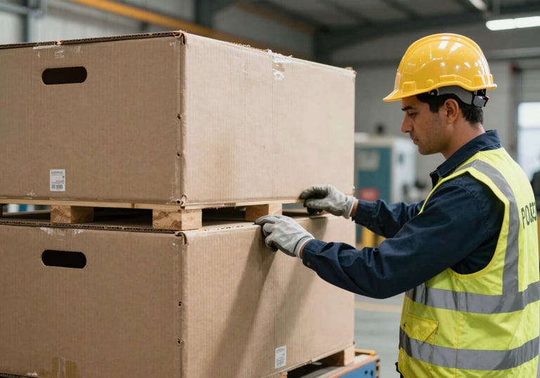 Professional industrial team member in safety gear overseeing a shipment of large crates, Iberian / Latin American facility, bright and clear lighting.