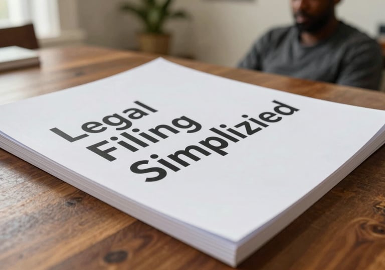 A close-up photograph of a professional-looking printed guide on a wooden table in a North American home. The book title 'Legal Filing Simplified' is visible. An African American man is sitting in the background, out of focus.