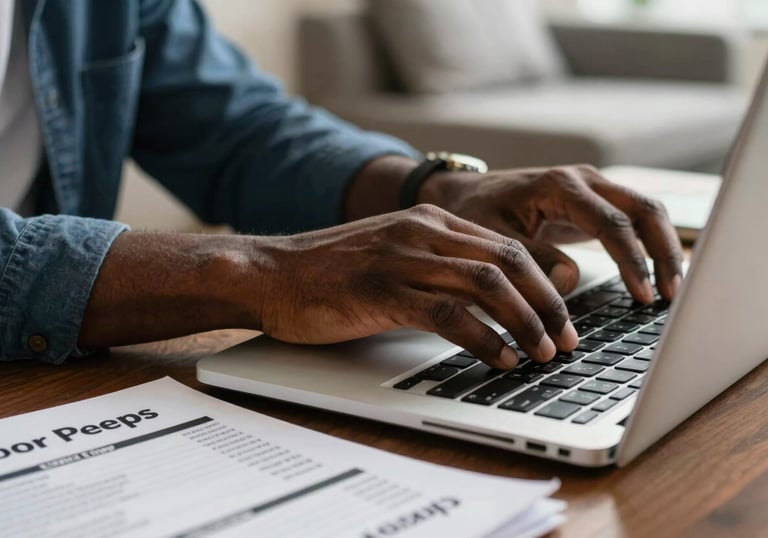 A close-up shot of an African American man's hands typing on a laptop, with a printed 'Poor Peeps' credit guide resting on the table next to him. North American living room setting.