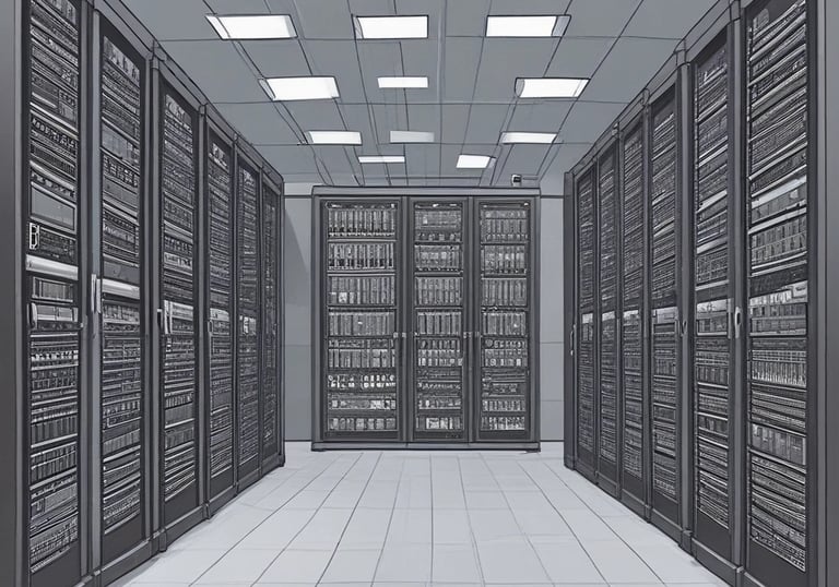 A modern data center with rows of illuminated server racks.