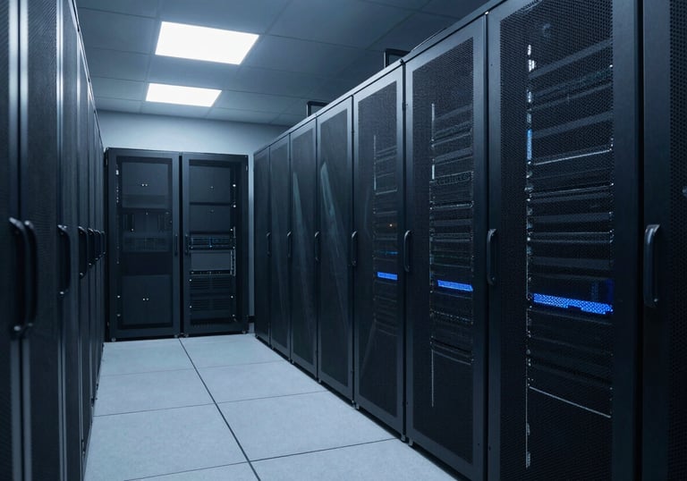 Wide-angle shot of a minimalist, high-tech server room backdrop, representing cloud scalability, with soft blue ambient lighting and a professional feel.