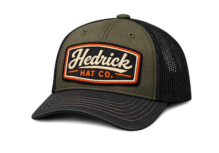 green trucker cap with Hedrick Hat Co patch