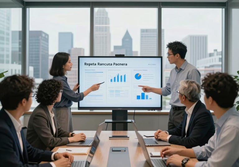 A diverse technical team in a modern North American boardroom with a panoramic view of a city skyline, discussing strategy on a digital display, professional lighting.