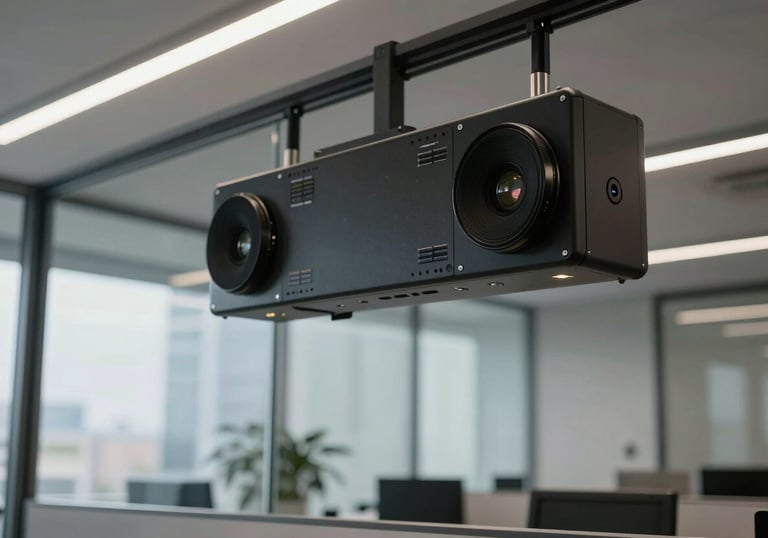 A sleek, modern North American / US corporate office with specialized lighting systems and integrated power solutions, reflecting professional efficiency.