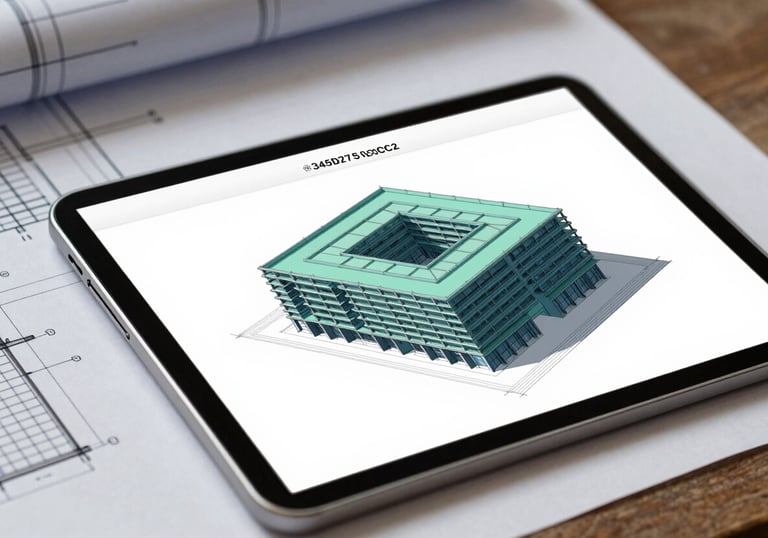 A macro shot of detailed structural engineering plans and a digital tablet showing a 3D BIM model of a building. The lighting is focused and professional, utilizing #345D7E and #0B1C2E to show technical mastery.