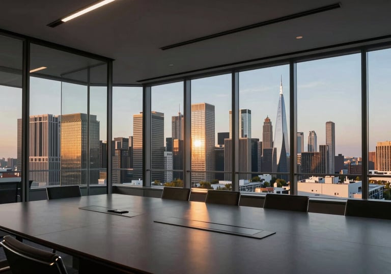 A wide shot photograph of a clean, modern glass-walled conference room overlooking a city skyline at dusk, burnished gold and slate blue light, International Financial Market / Professional.