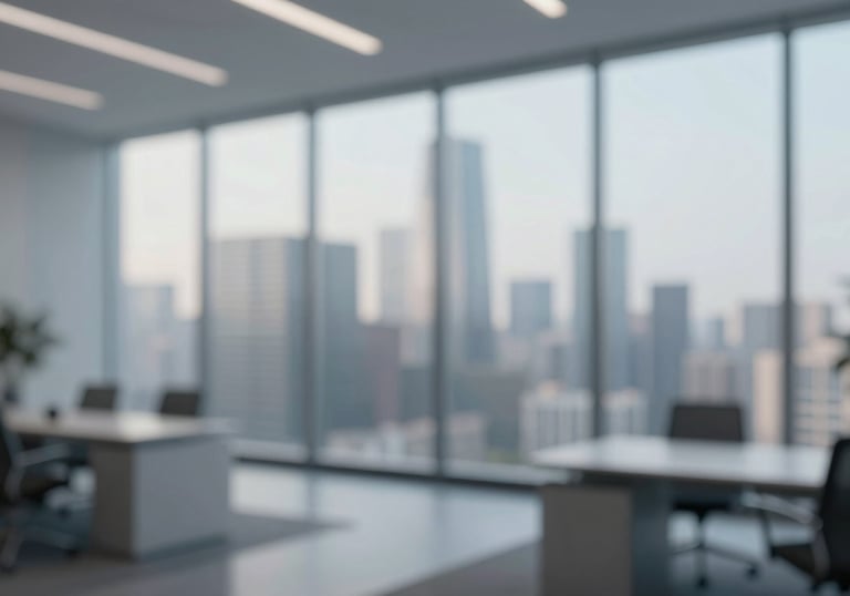 An elegant, blurred visual of a luxury high-rise office interior overlooking a city skyline. Professional, #F8F9FA tones.