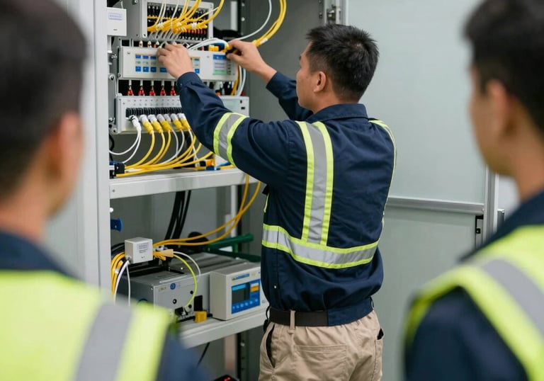 Team collaborating on a fiber optic network design project in an office.