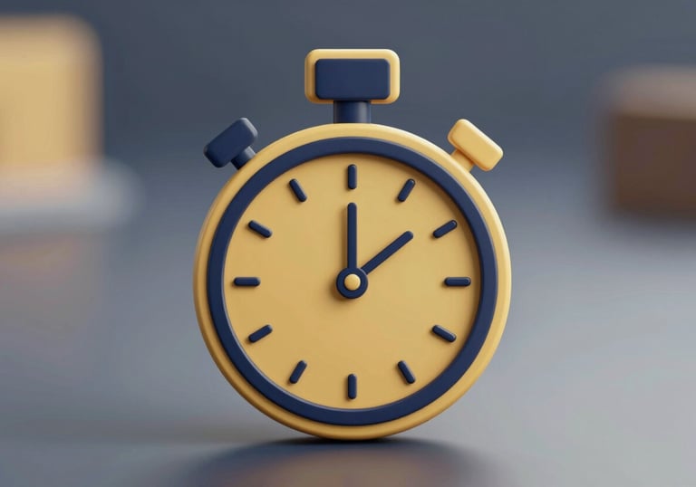 A sleek digital clock icon or a stylized stopwatch rendered in gold (#C9940A) with dark navy (#0F1E3D) accents, symbolizing efficiency and timely delivery. Clean, professional 3D style.