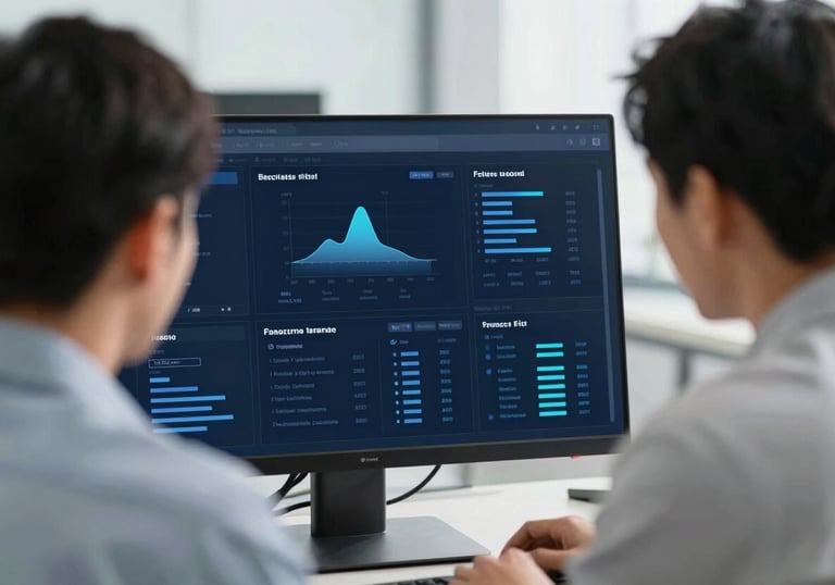 A close-up of two professionals reviewing a digital dashboard on a screen in a brightly lit, modern workspace. Lighting is crisp and clean. Palette: #8CA3B8 and #3E5A73.