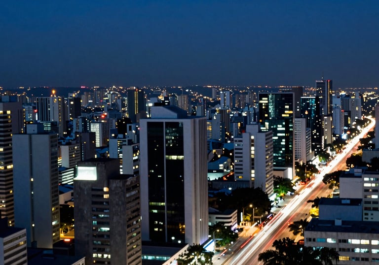 Abstract time-lapse of city lights in a South American metropolis, symbolizing speed, innovation, and the flow of financial credit. Dark blue and white colors.