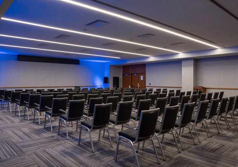 A wide shot of a modern conference hall in a North American / US city, rows of chairs, soft steel blue ambient lighting, clean and professional setup.