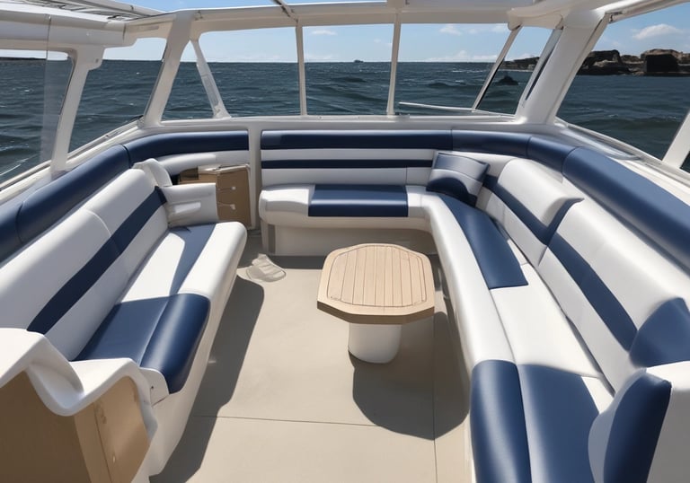 A beautifully upholstered boat cushion with navy blue marine-grade fabric and white piping.