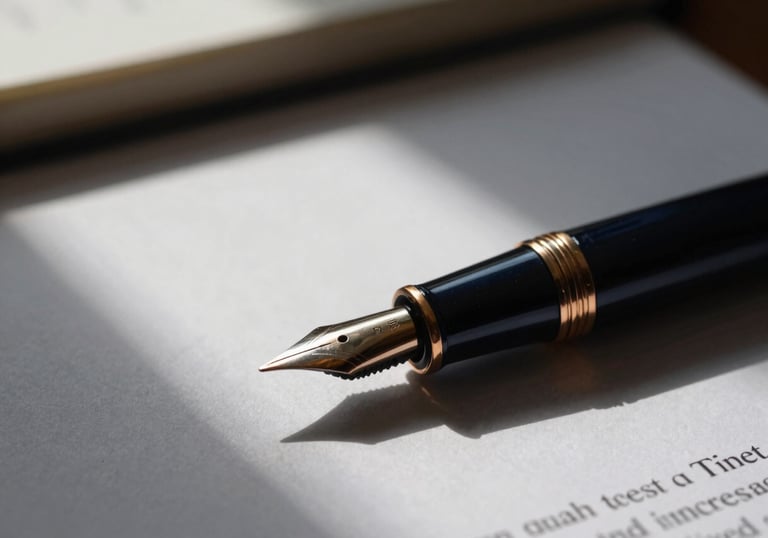 Macro close-up of a premium fountain pen resting on a signed legal document, shallow depth of field, dramatic side window light, bronze accents