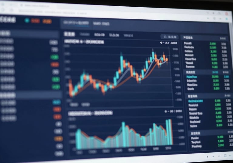 A high-tech digital interface showing financial data and secure analytical charts, representing modern financial excellence and technology, in #2C506F and white.
