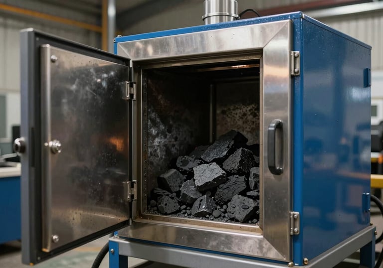 Industrial document destruction equipment in a secure facility, showing a safe incineration process with charcoal and steel blue aesthetics.