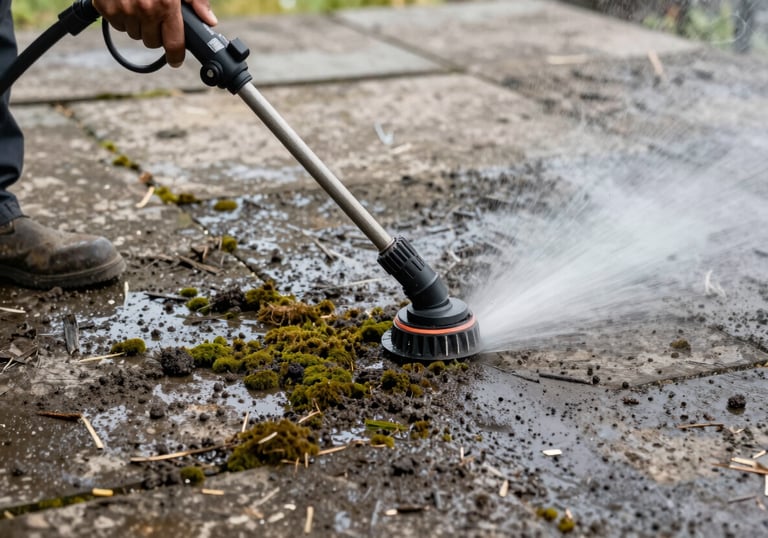 Action shot of high-pressure cleaning on a stone terrace, removing moss and dirt, clear contrast between dirty and clean areas, professional equipment.