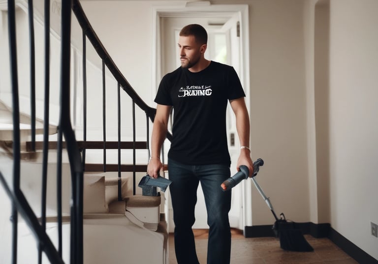 Worker clearing out old furniture and boxes from a cluttered room.