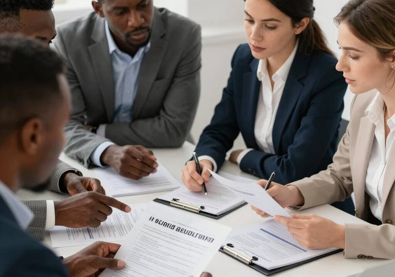 A professional team reviewing complex financial documents in a modern office.
