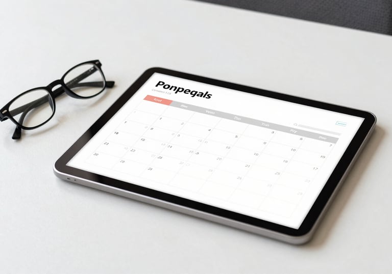 A clean, minimalist desk with a digital tablet showing a business calendar and spectacles. Bright, professional European / Portuguese atmosphere.
