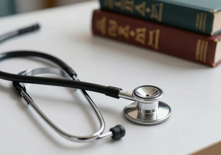 A professional stethoscope on a clean desk with legal books in the background, South American clinical setting, representing the medical law specialty.