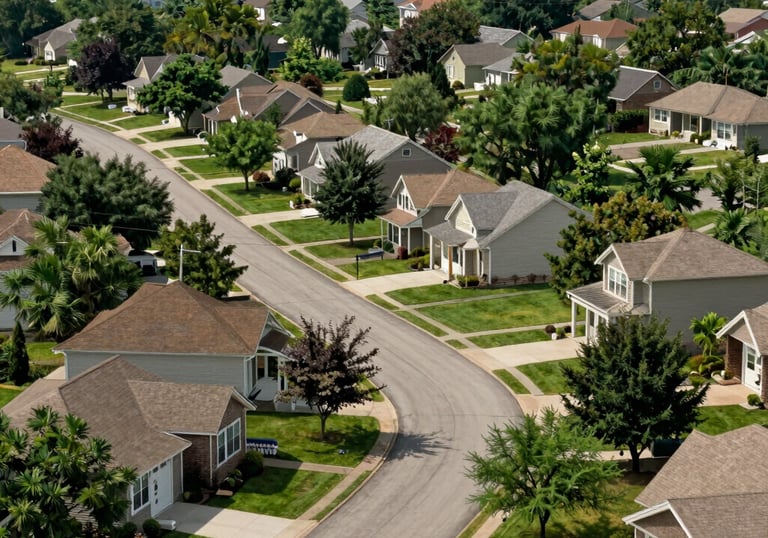 A serene photography shot of a thriving North American suburban neighborhood with lush green spaces, symbolizing financial security.