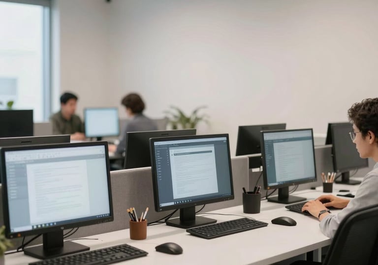 Bright and organized office workspace in Latinoamericana, showing efficiency through clean design, modern technology, and soft ambient lighting.