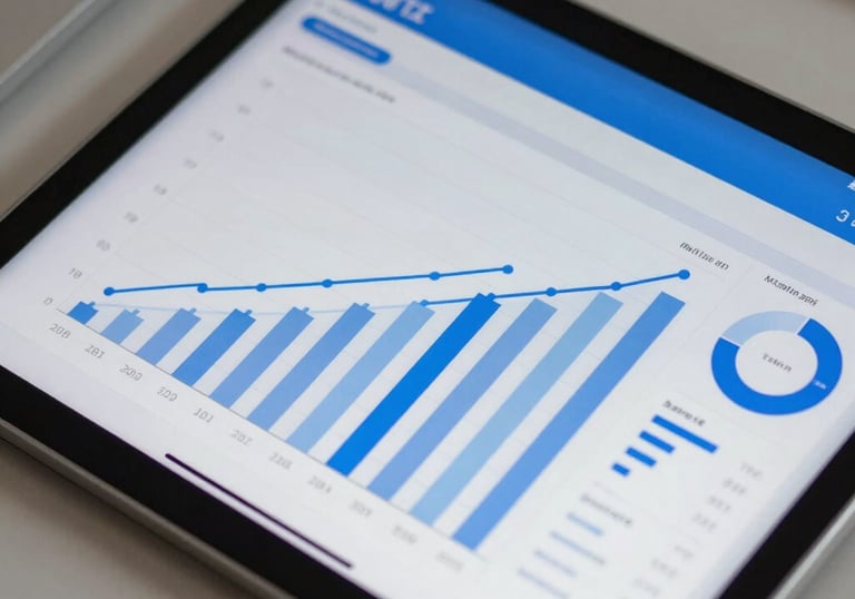 A close-up photograph of a digital tablet showing a series of clear financial growth charts and analytical reports. The setting is a professional office with royal blue and white colors, symbolizing transparency and growth.