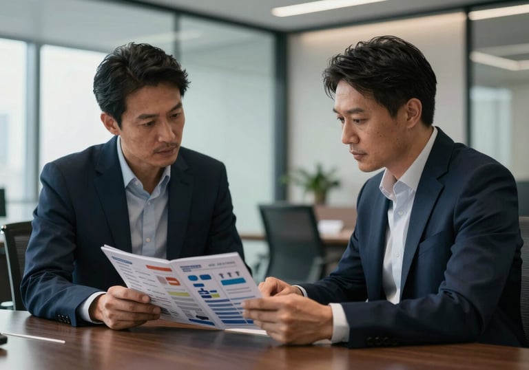 A meeting between two professionals in a modern North American office, reviewing a catalog of medical supplies. Sophisticated corporate B2B atmosphere with dark navy tones.