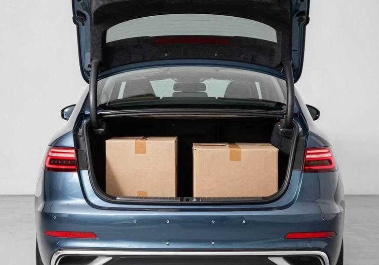 A close-up of a package being carefully loaded into a taxi, emphasizing urgent parcel delivery.