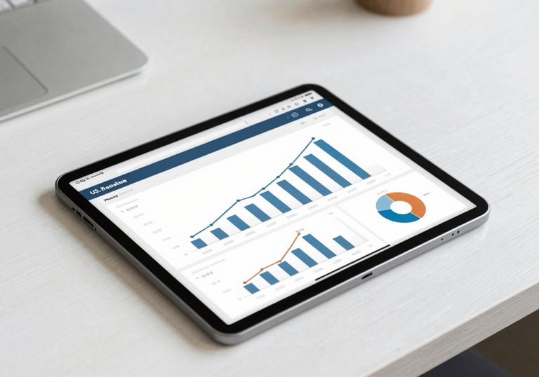 A sleek digital tablet displaying a clean, professional analytics dashboard with growth charts, placed on a white wooden desk in the US.