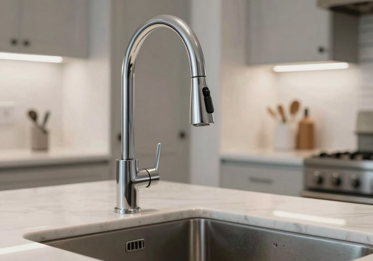 An interior shot of a contemporary North American / US kitchen with a high-end faucet and deep sink, sparkling clean, highlighting a successful professional plumbing installation.