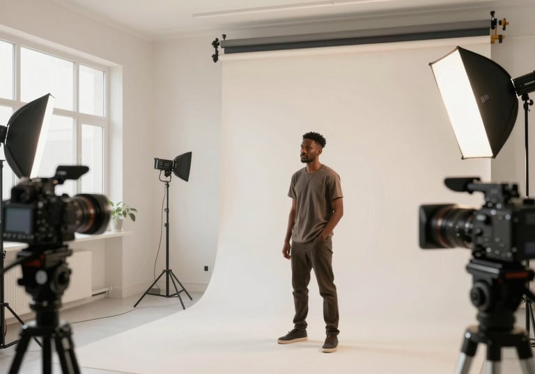 A bright, airy photo of a modern studio space with professional lighting and cameras, Global / African diaspora, ready for a creator's content shoot. Pale off-white and charcoal color palette.