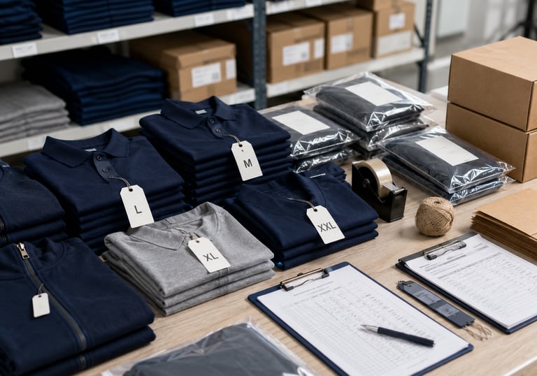 Uniformes corporativos doblados con etiquetas de talla y preparación logística para proyecto B2B
