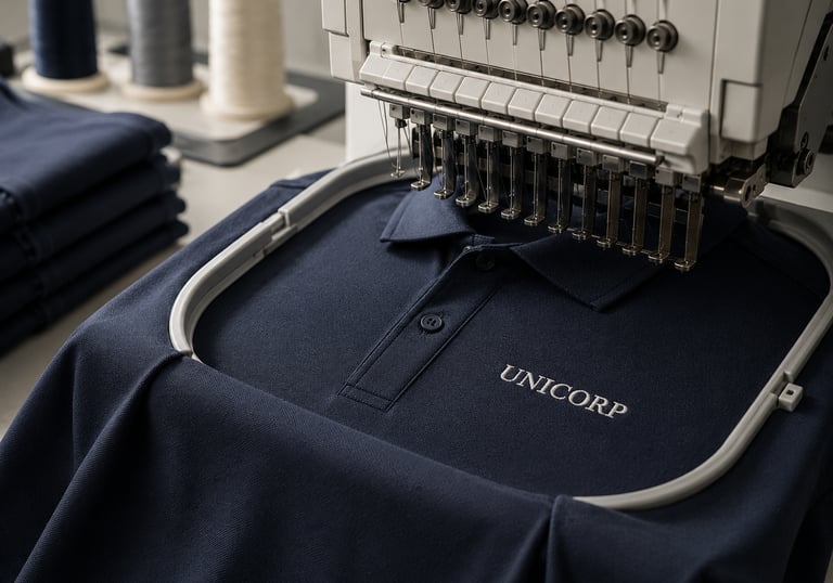Máquina de bordado aplicando el logotipo UNICORP en una polo corporativa navy