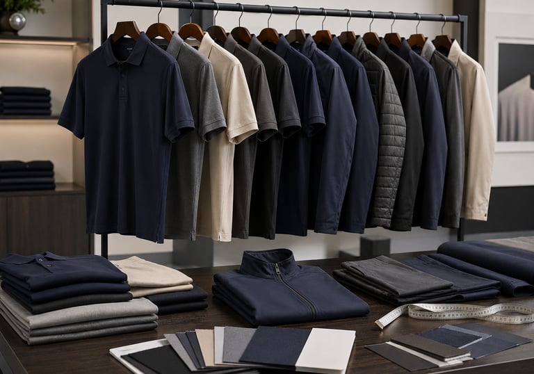 Rack de uniformes corporativos premium en tonos navy, negro, gris y beige con muestrarios textiles