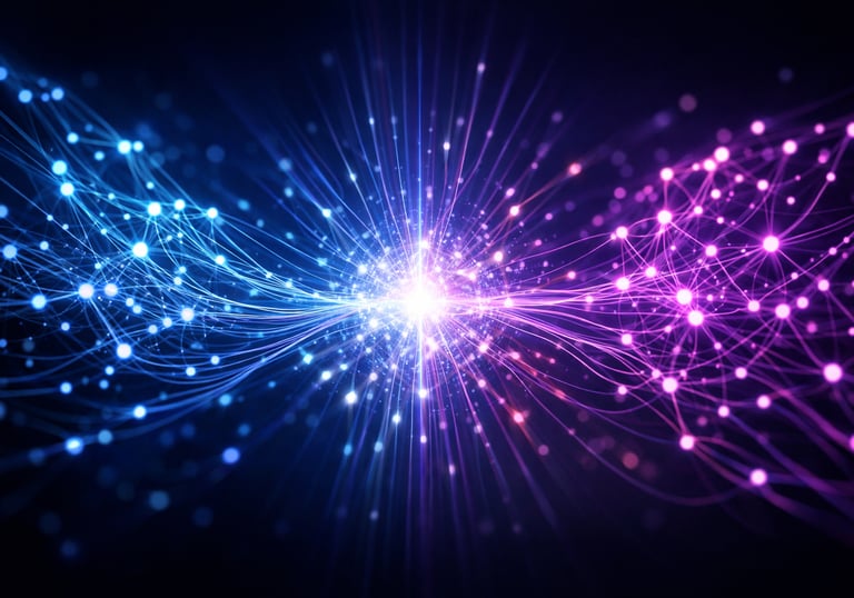 Glowing blue and purple neural network representing artificial intelligence and digital data connectivity.