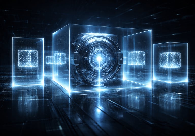 Glowing blue futuristic data blocks and digital CPU core representing cloud computing and artificial intelligence.