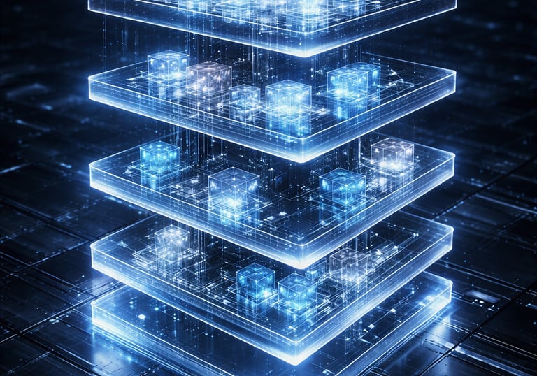 A glowing blue digital cloud computing icon atop stacked data server layers representing network infrastructure.