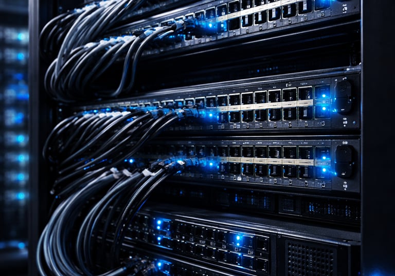 Network server rack with glowing blue LED status lights and organized black ethernet cables in a data center.