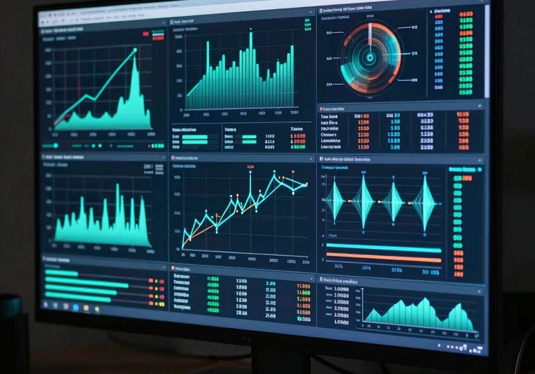 High-resolution display showing complex data visualizations and analytics in a dark, professional room in North America, lit by cyan glow.