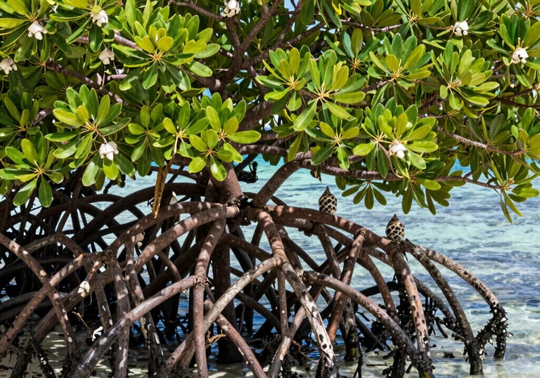 Sunlight filtering through palm trees onto a sleek villa deck overlooking a crystal-clear lagoon.